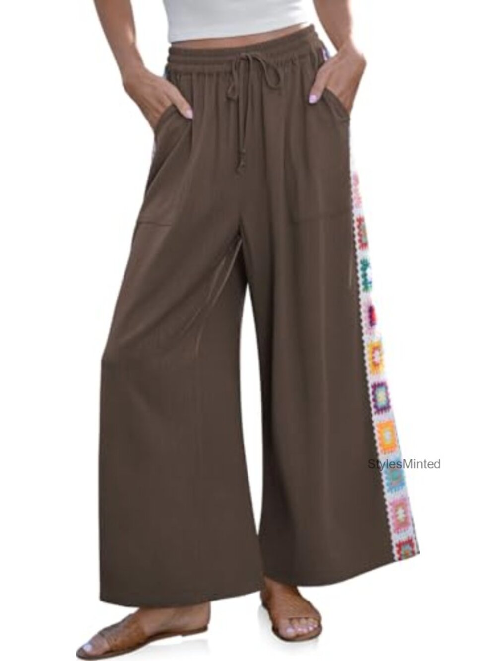 Wide Leg Linen Palazzo Pants Crochet Trim Drawstring Loose Fit Casual Beach